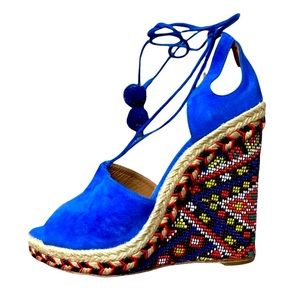 Aquazzura Palm Beach Woven Wedge Platform Espadrilles In Mondrian Blue Size: 8.5